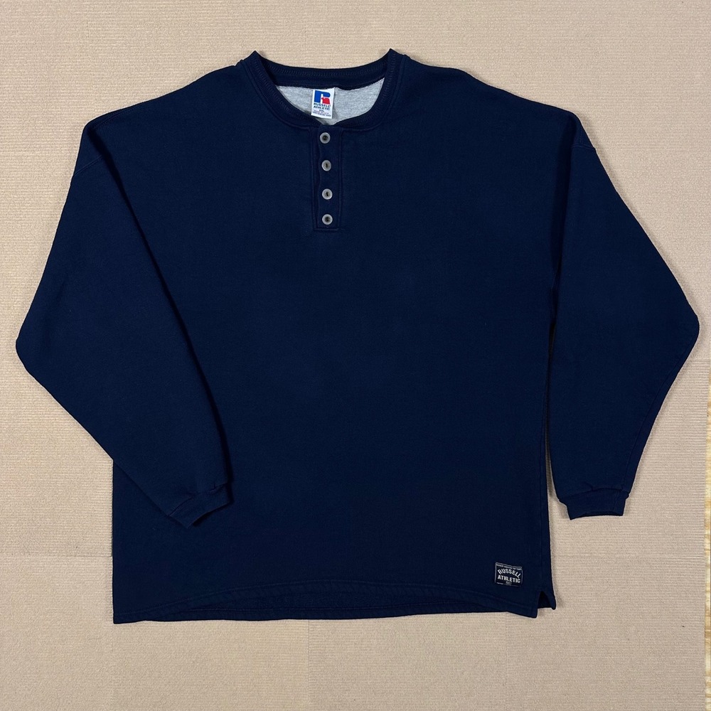 Vintage Russell Athletic Henley Sweatshirt Mens XXL Navy Blue Made in USA